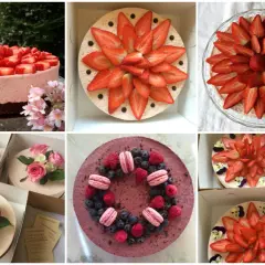 Flera vackra tårtor, vissa med jordgubbar som dekoration, andra med blommor och bär. En fest för ögat!