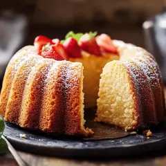 En saftig sockerkaka, perfekt att baka i form, toppad med färska jordgubbar och pudrad florsocker.