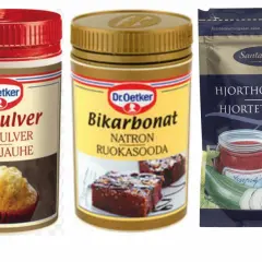 Dr. Oetker bakpulver och bikarbonat, perfekt för bakning. Bredvid syns Santa Maria hjorthornssalt.