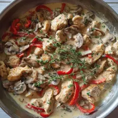 Kyckling i en krämig creme fraiche sås med champinjoner och paprika, toppad med färsk timjan. En härlig middag!