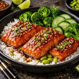 Tre saftiga filéer av teriyaki lax serveras på en bädd av ris, ackompanjerad av ångad broccoli, gurkskivor och edamamebönor.