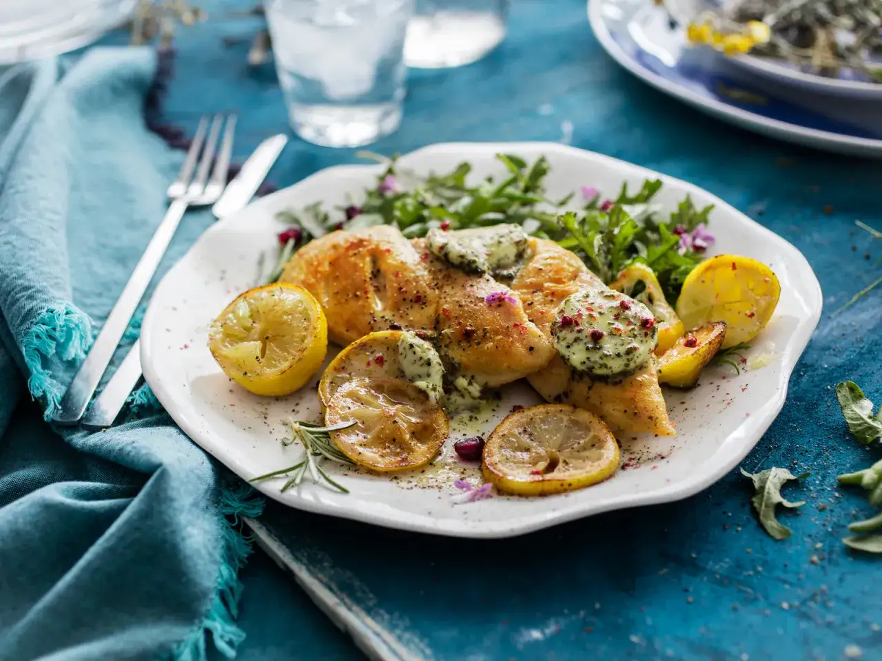 En tallrik med dubbelmarinerad kyckling, citronklyftor och gröna blad.
